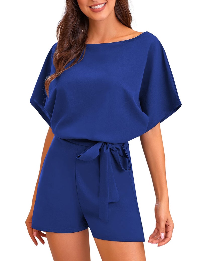 Vetinee Womens Royal Blue Summer Casual Belted Romper Keyhole Back Short Sleeve Jumpsuit Playsuit X-Large - Image 4